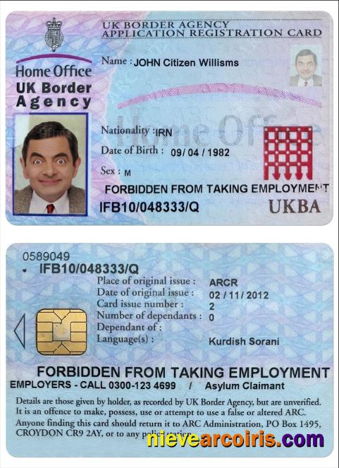 UNITED KINGDOM border agency application registration card